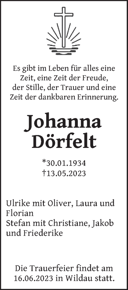  Traueranzeige für Johanna Dörfelt vom 20.05.2023 aus Berliner Zeitung