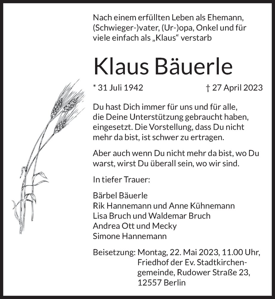  Traueranzeige für Klaus Bäuerle vom 13.05.2023 aus Berliner Zeitung
