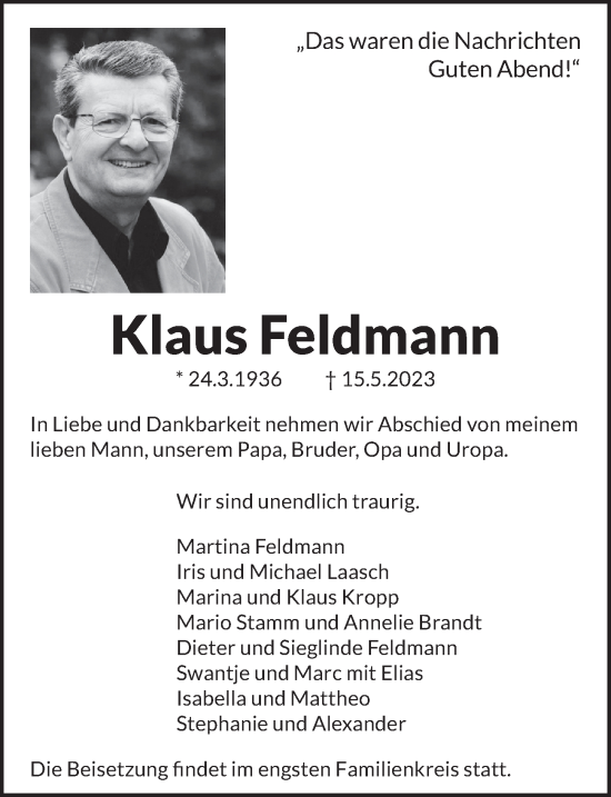 Traueranzeige von Klaus Feldmann von Berliner Zeitung