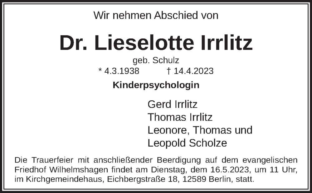  Traueranzeige für Lieselotte Irrlitz vom 13.05.2023 aus Berliner Zeitung