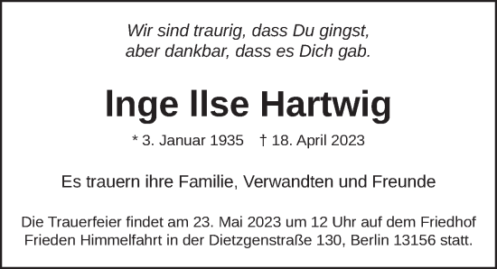 Traueranzeige von lnge llse Hartwig von Berliner Zeitung