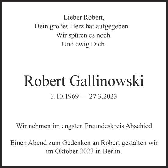 Traueranzeige von Robert Gallinowski von Berliner Zeitung