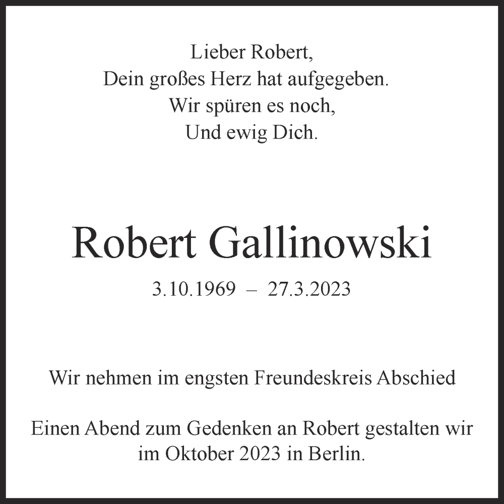  Traueranzeige für Robert Gallinowski vom 06.05.2023 aus Berliner Zeitung