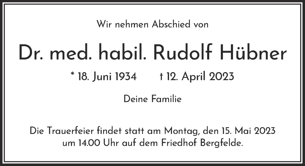  Traueranzeige für Rudolf Hübner vom 06.05.2023 aus Berliner Zeitung