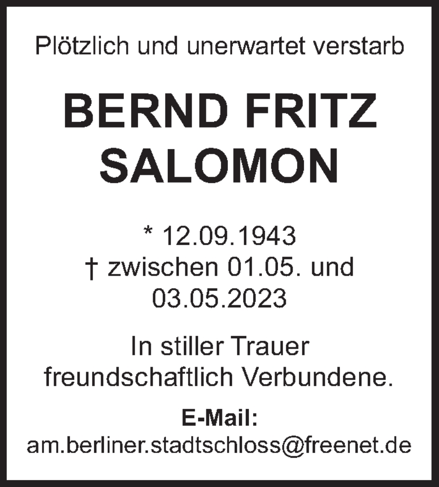  Traueranzeige für Bernd Fritz Salomon vom 24.06.2023 aus Berliner Zeitung