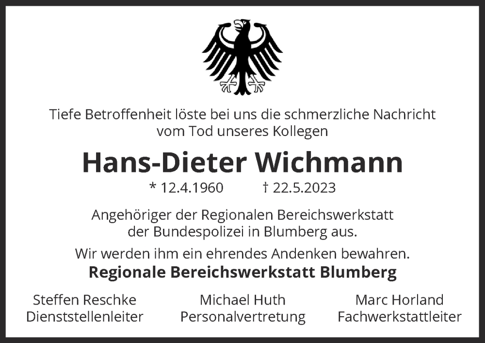  Traueranzeige für Hans-Dieter Wichmann vom 17.06.2023 aus Berliner Zeitung
