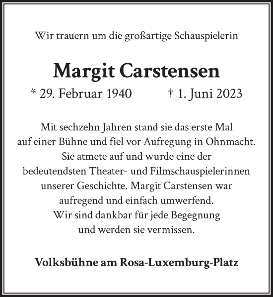 Traueranzeige von Margit Carstensen von Berliner Zeitung