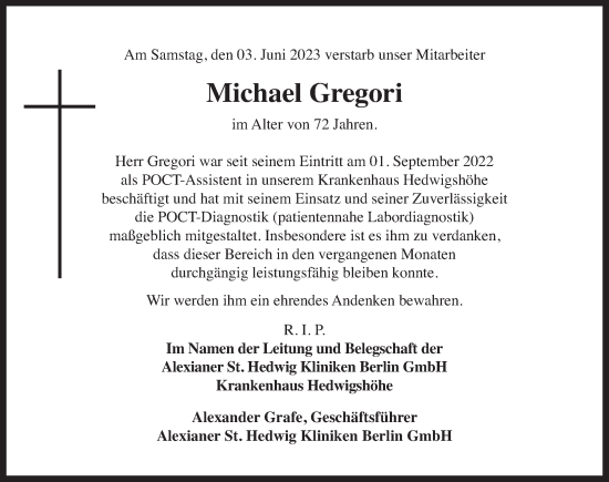Traueranzeige von Michael Gregori von Berliner Zeitung
