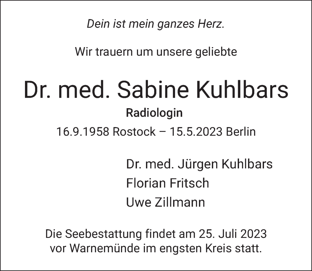  Traueranzeige für Sabine Kuhlbars vom 17.06.2023 aus Berliner Zeitung
