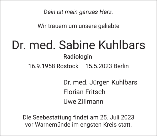 Traueranzeige von Sabine Kuhlbars von Berliner Zeitung