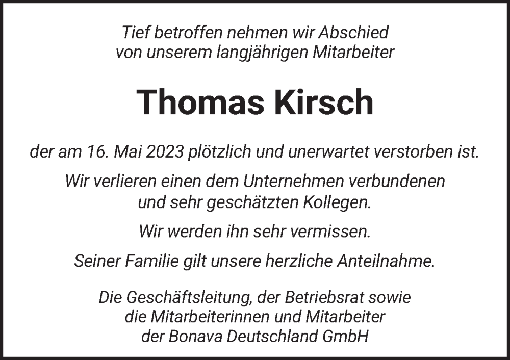 Traueranzeige für Thomas Kirsch vom 24.06.2023 aus Berliner Zeitung