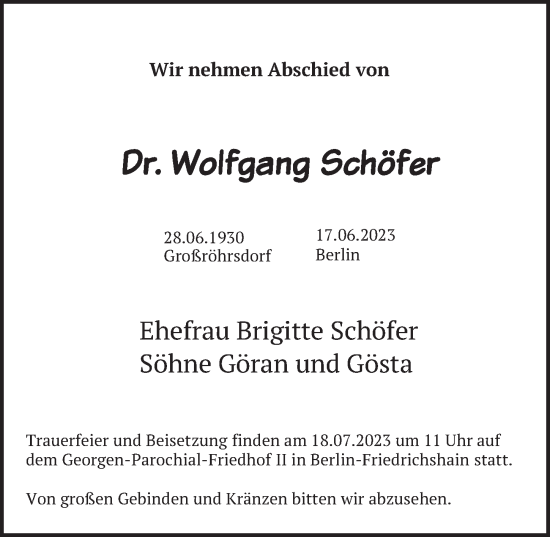 Traueranzeige von Wolfgang Schöfer von Berliner Zeitung