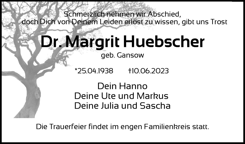  Traueranzeige für Margrit Huebscher vom 01.07.2023 aus Berliner Zeitung