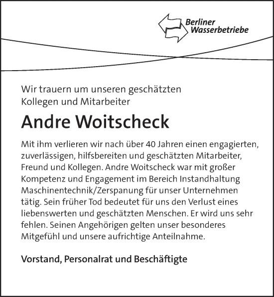 Traueranzeige von Andre Woitscheck von Berliner Zeitung