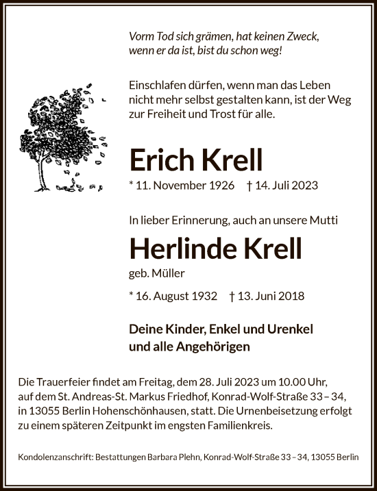 Traueranzeige von Erich und Herline Krell von Berliner Zeitung