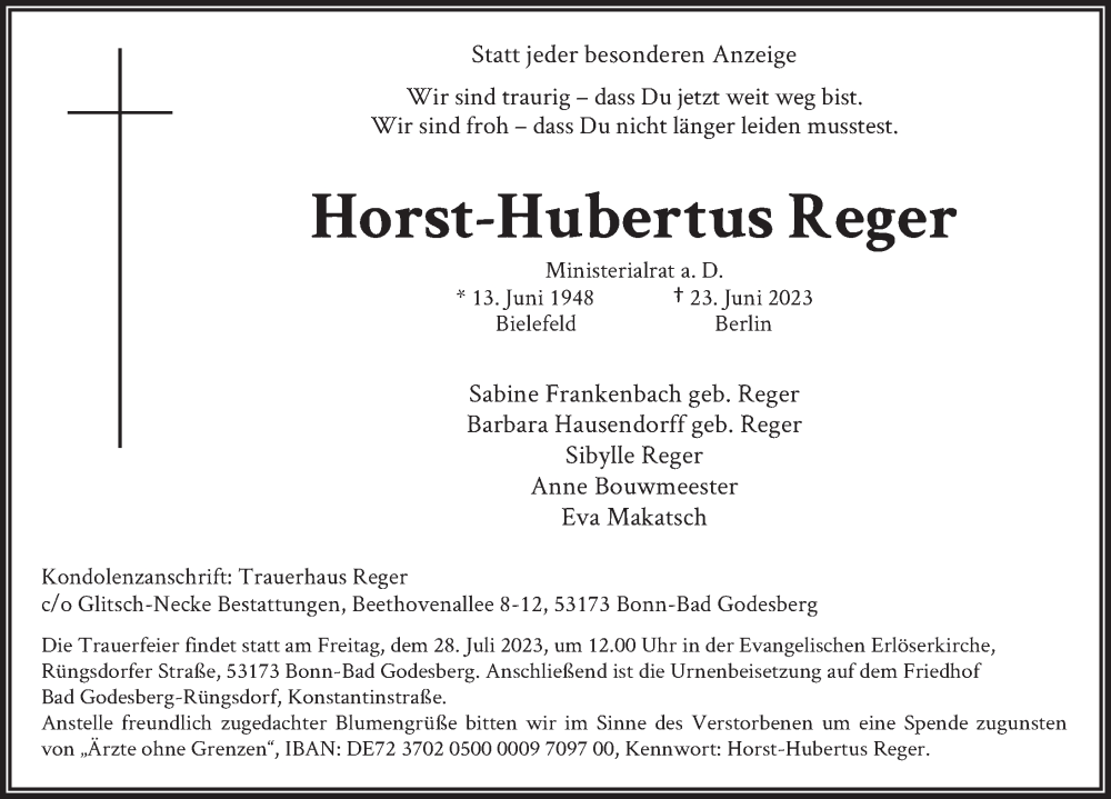  Traueranzeige für Horst-Hubertus Reger vom 15.07.2023 aus Berliner Zeitung