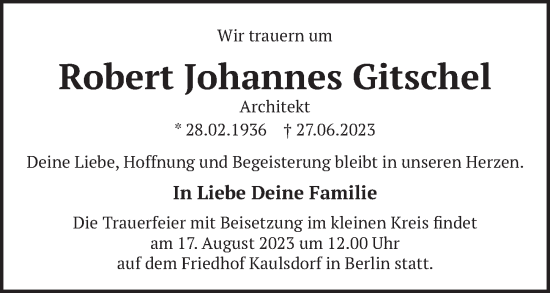 Traueranzeige von Robert Johannes Gitschel von Berliner Zeitung