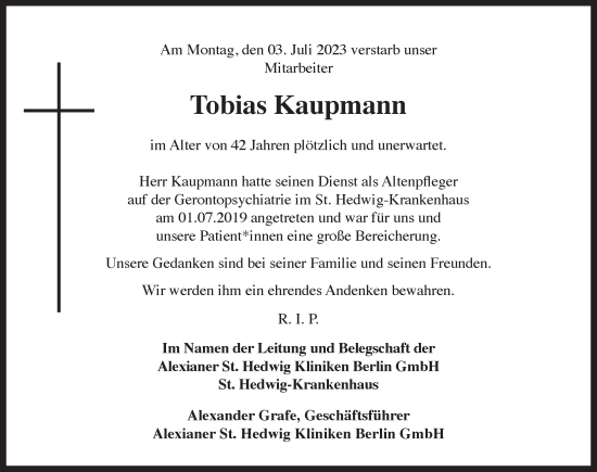 Traueranzeige von Tobias Kaupmann von Berliner Zeitung