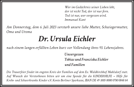 Traueranzeige von Ursula Eichler von Berliner Zeitung