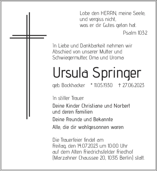 Traueranzeige von Ursula Springer von Berliner Zeitung