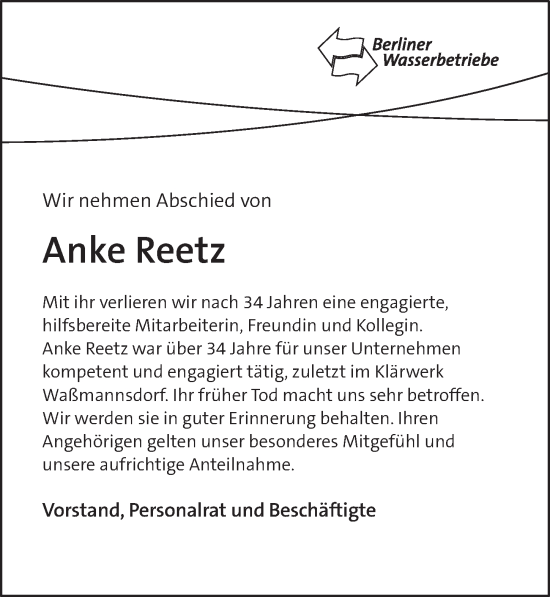 Traueranzeige von Anke Reetz von Berliner Zeitung