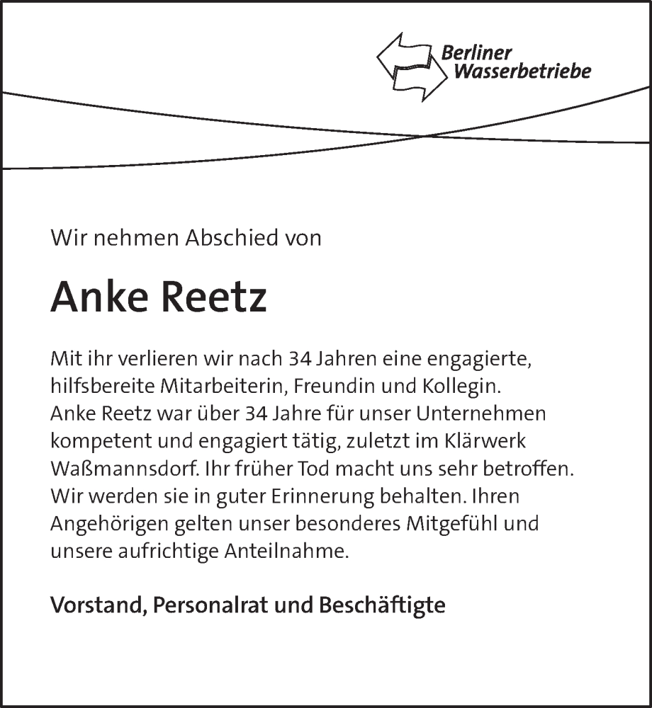  Traueranzeige für Anke Reetz vom 12.08.2023 aus Berliner Zeitung