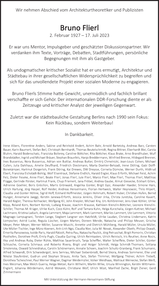 Traueranzeige von Bruno Flierl von Berliner Zeitung