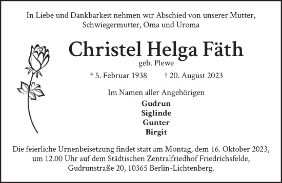 Traueranzeige von Christel Helga Fäth von Berliner Zeitung