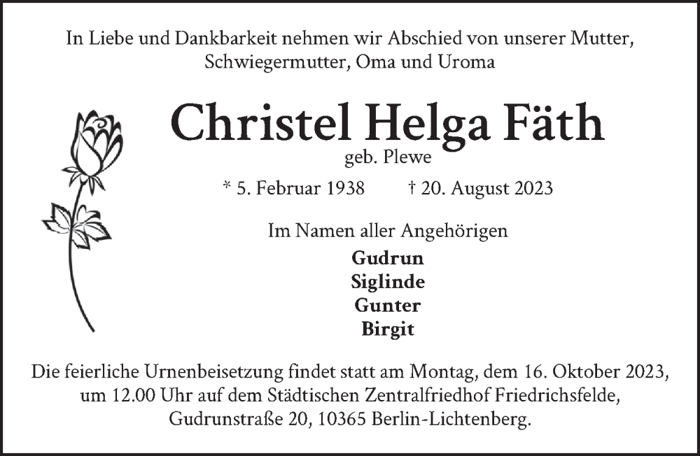  Traueranzeige für Christel Helga Fäth vom 02.09.2023 aus Berliner Zeitung