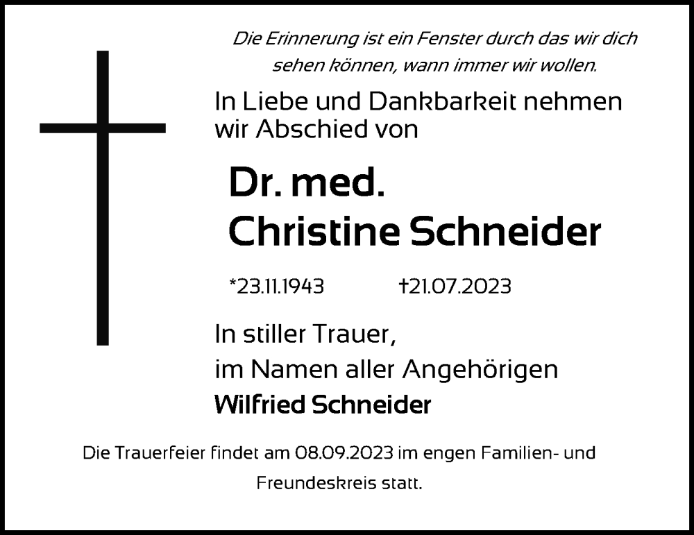  Traueranzeige für Christine Schneider vom 19.08.2023 aus Berliner Zeitung