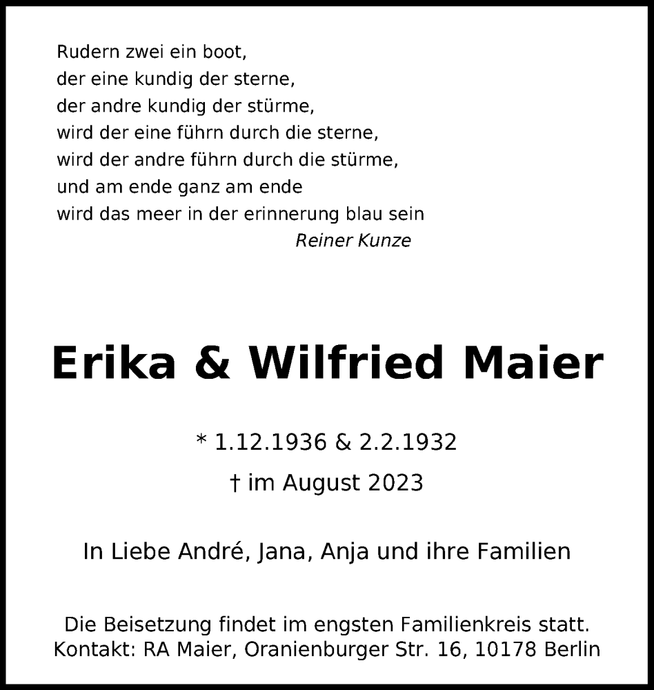  Traueranzeige für Erika Maier vom 02.09.2023 aus Berliner Zeitung