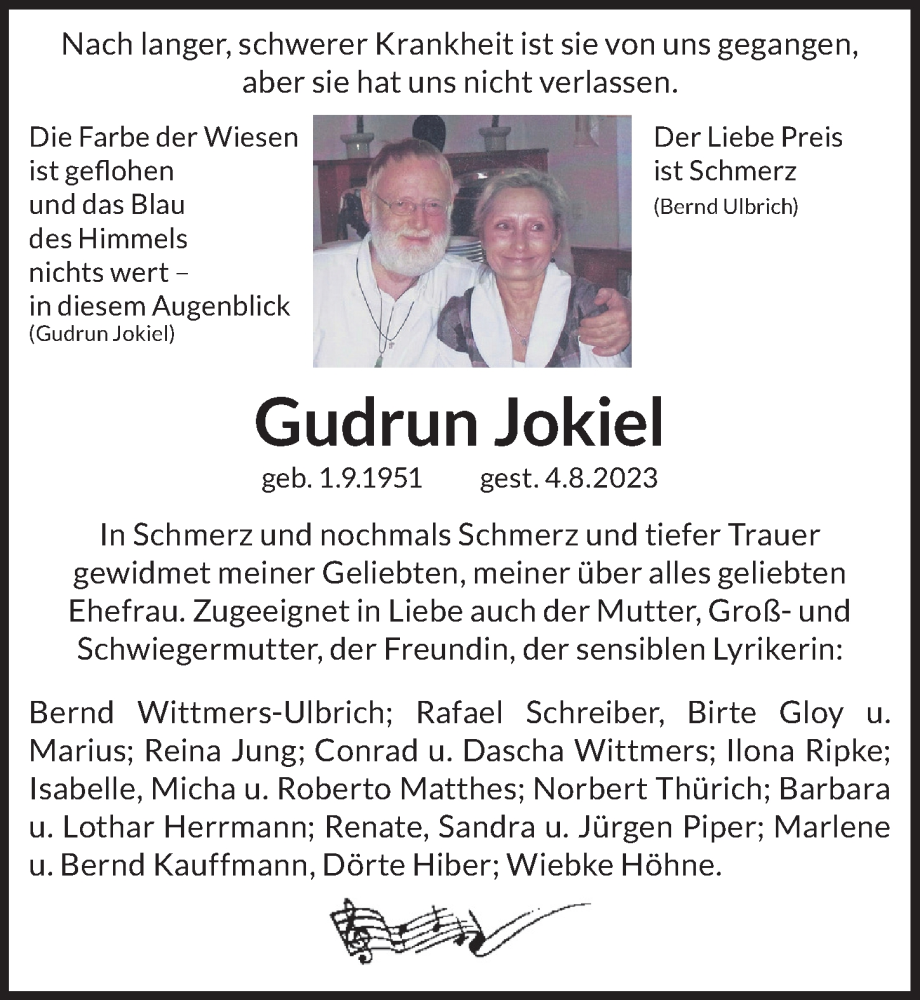  Traueranzeige für Gudrun Jokiel vom 02.09.2023 aus Berliner Zeitung