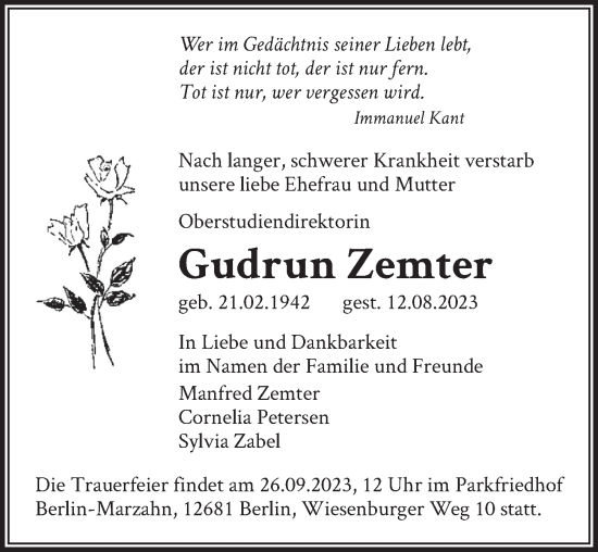 Traueranzeige von Gudrun Zemter von Berliner Zeitung