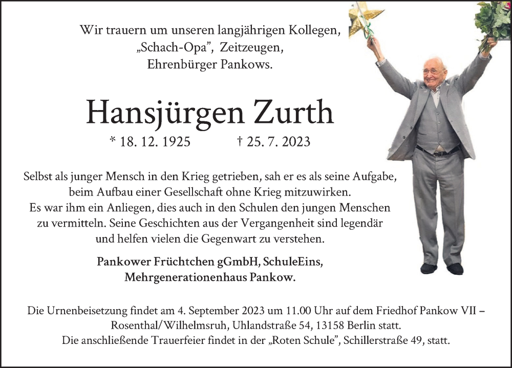  Traueranzeige für Hansjürgen Zurth vom 19.08.2023 aus Berliner Zeitung