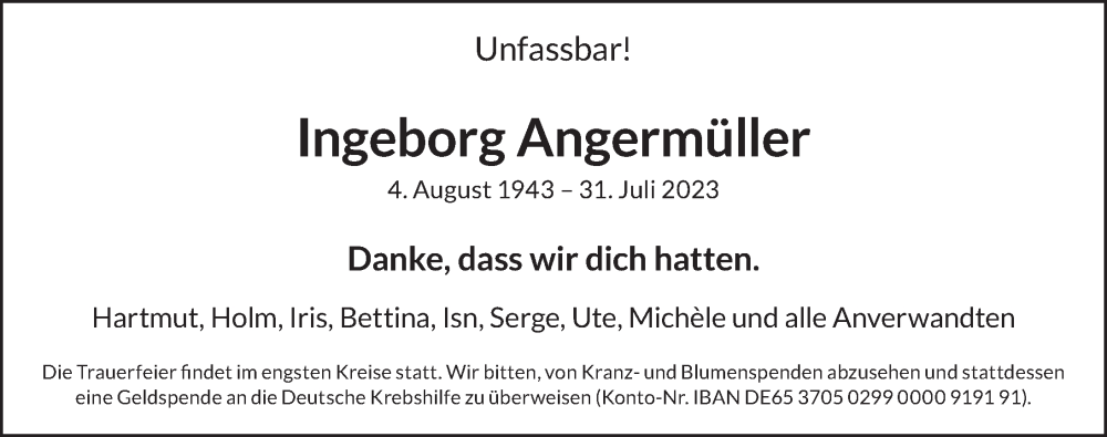  Traueranzeige für Ingeborg Angermüller vom 01.09.2023 aus Berliner Zeitung