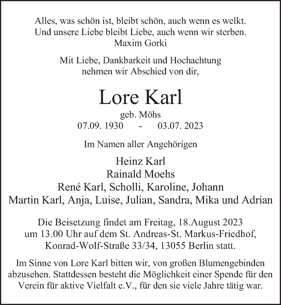  Traueranzeige für Lore Karl vom 12.08.2023 aus Berliner Zeitung