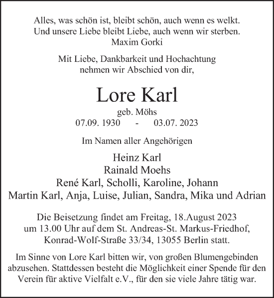 Traueranzeige von Lore Karl von Berliner Zeitung