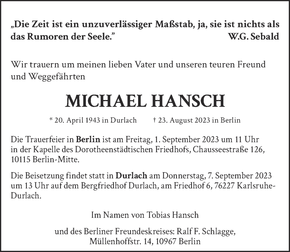  Traueranzeige für Michael Hansch vom 26.08.2023 aus Berliner Zeitung