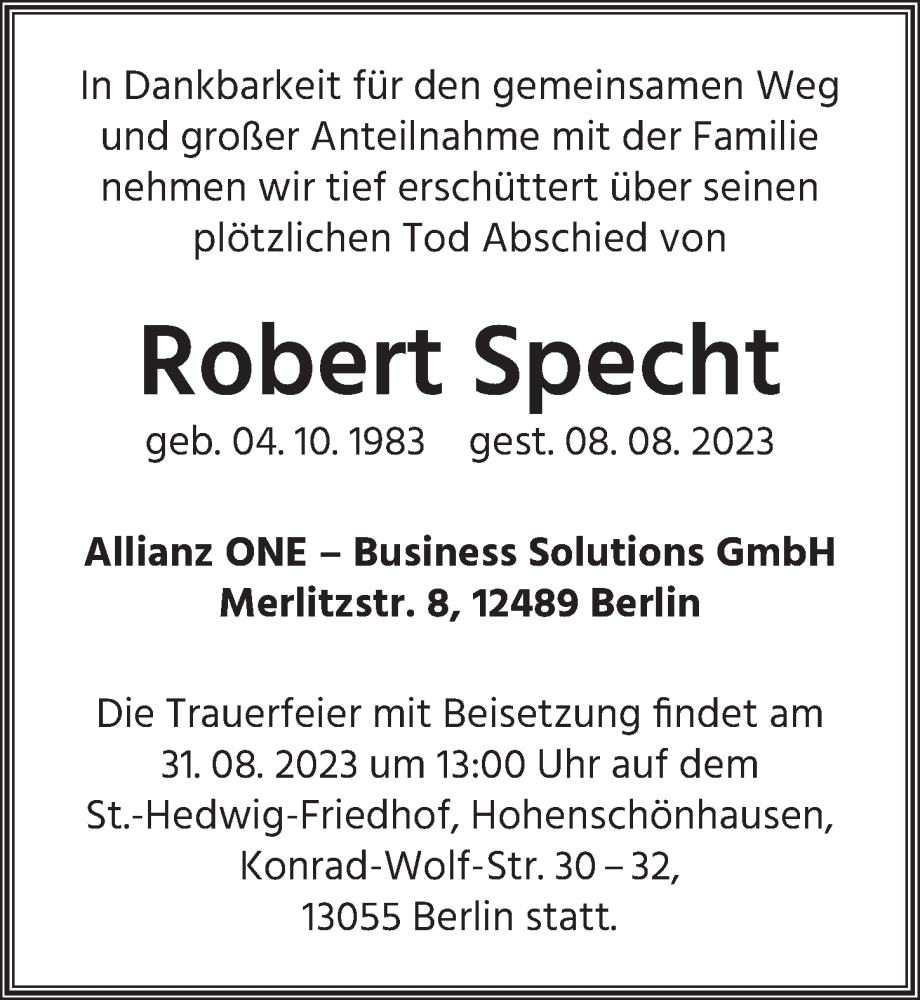  Traueranzeige für Robert Specht vom 26.08.2023 aus Berliner Zeitung