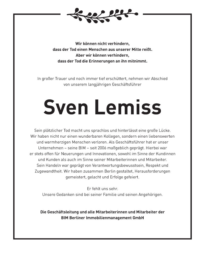  Traueranzeige für Sven Lemiss vom 12.08.2023 aus Berliner Zeitung