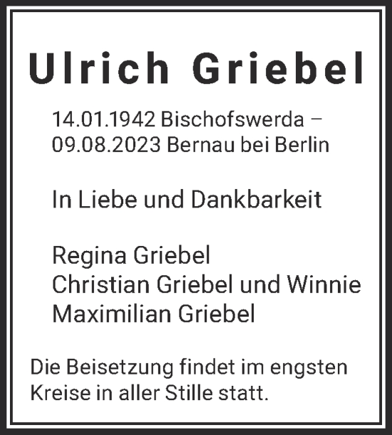 Traueranzeige von Ulrich Griebel von Berliner Zeitung