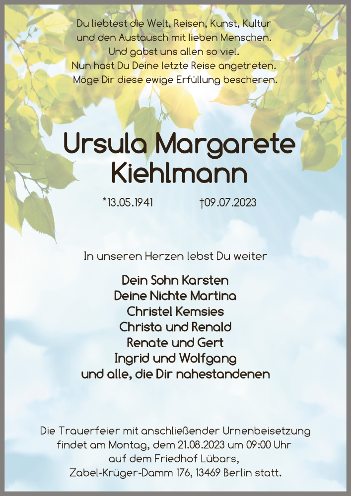  Traueranzeige für Ursula Margarete Kiehlmann vom 19.08.2023 aus Berliner Zeitung