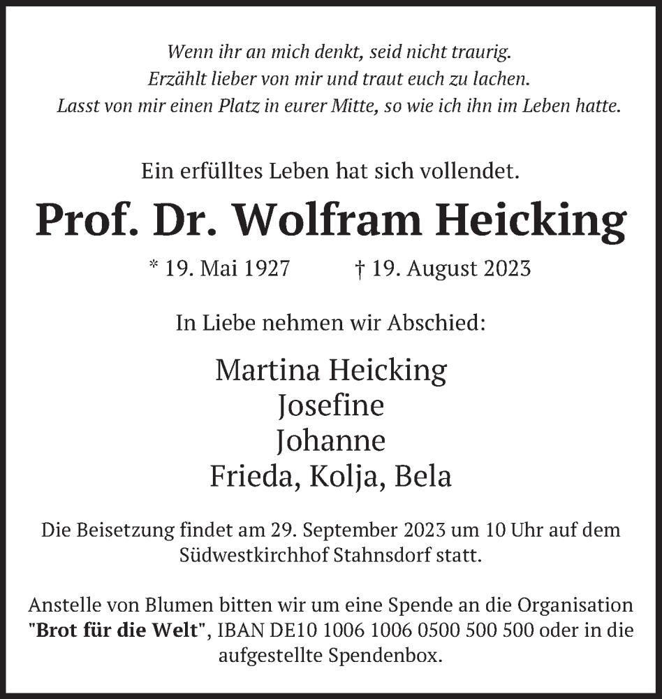  Traueranzeige für Wolfram Heicking vom 15.09.2023 aus Berliner Zeitung