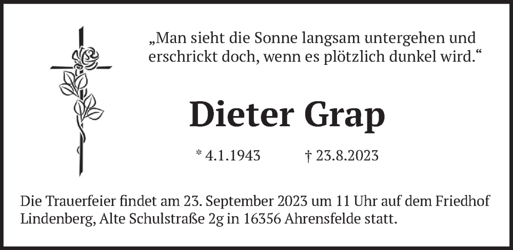  Traueranzeige für Dieter Grap vom 13.09.2023 aus Berliner Kurier