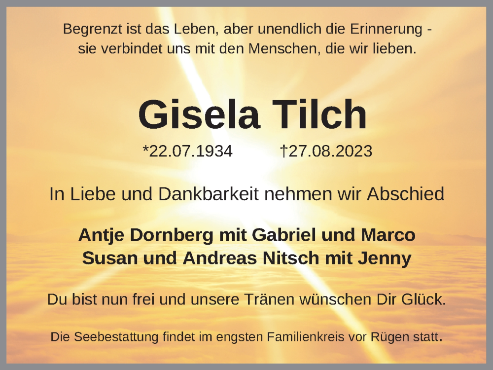  Traueranzeige für Gisela Tilch vom 23.09.2023 aus Berliner Zeitung