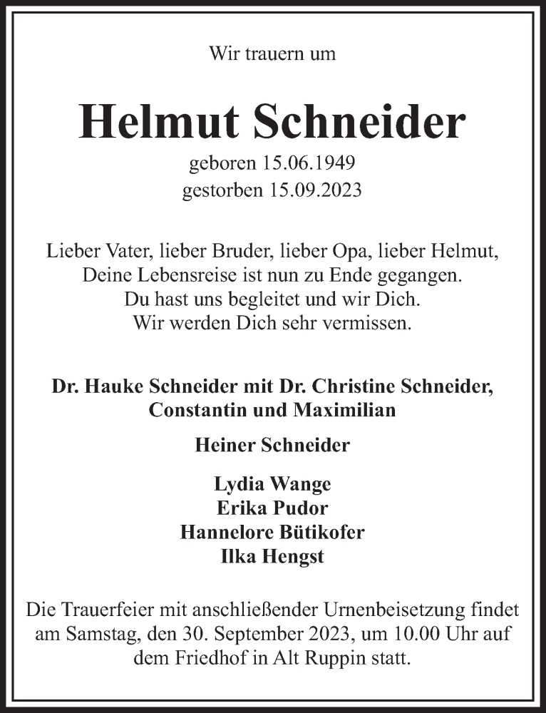  Traueranzeige für Helmut Schneider vom 23.09.2023 aus Berliner Zeitung