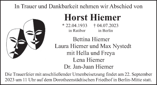 Traueranzeige von Horst Hiemer von Berliner Zeitung