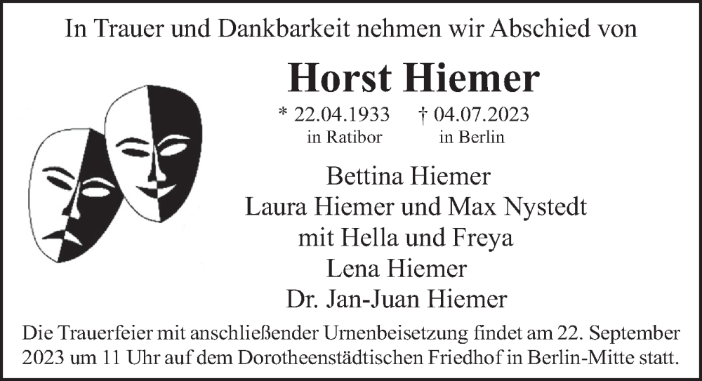  Traueranzeige für Horst Hiemer vom 16.09.2023 aus Berliner Zeitung
