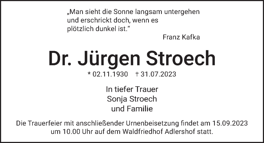  Traueranzeige für Jürgen Stroech vom 02.09.2023 aus Berliner Zeitung