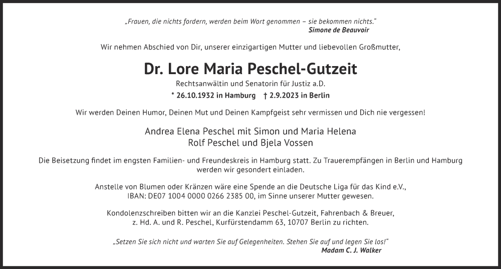  Traueranzeige für Lore Maria Peschel-Gutzeit vom 16.09.2023 aus Berliner Zeitung